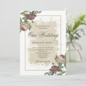 フローラ素朴ミニマルなブルゴーニュ金ゴールド結婚ズ 招待状 (スタンド正面)