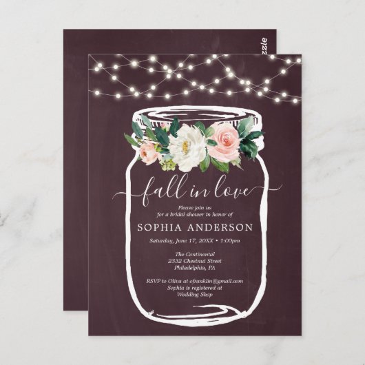 フローラ素朴メイソンジャーブライダルシャワー招待状 ポストカード (正面/裏面)