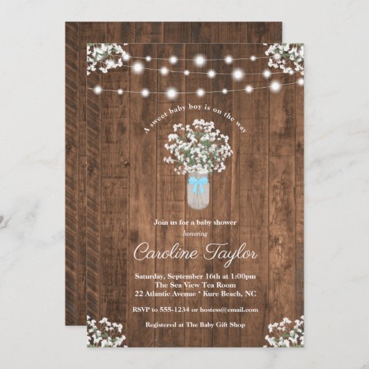 フローラ素朴メーソンジャールライト男の赤ちゃんシャワー 招待状 (正面/裏面)
