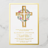 フローラ素朴ユーカリプトゥスウッドクロスバプテスマ金ゴールド 箔招待状 (正面)