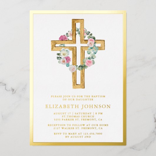 フローラ素朴ユーカリプトゥスウッドクロスバプテスマ金ゴールド 箔招待状 (正面)