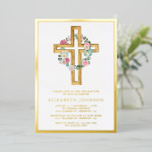 フローラ素朴ユーカリプトゥスウッドクロスバプテスマ金ゴールド 箔招待状 (立ち正面)