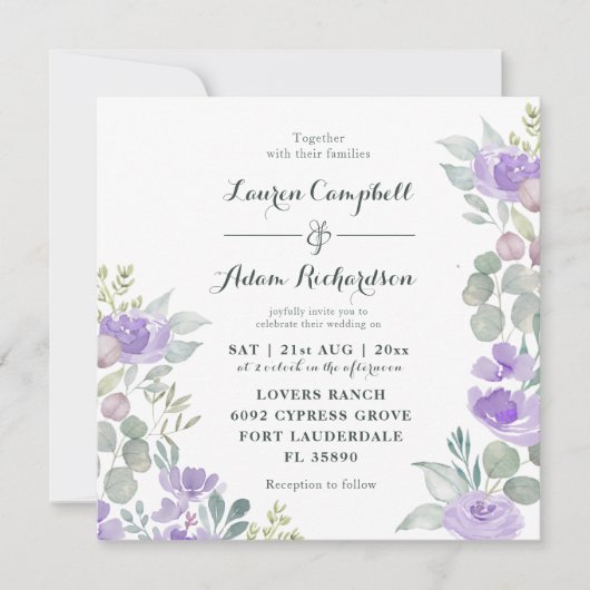 フローラ素朴ユーカリ水の色パープル結婚ズ 招待状 (正面)