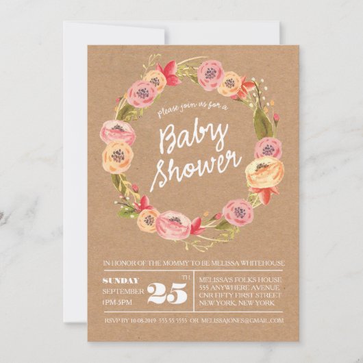 フローラ素朴リースベビーシャワー招待状 招待状 (正面)