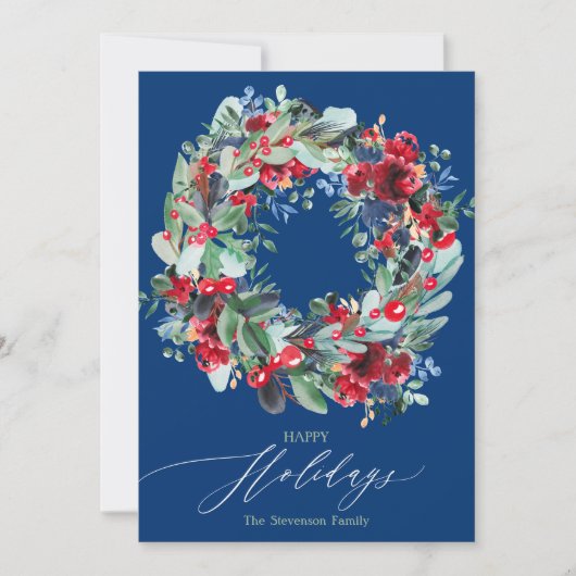 フローラ素朴レッドシックな青のクリスマスリースハッピークリスマスレッド シーズンカード (正面)