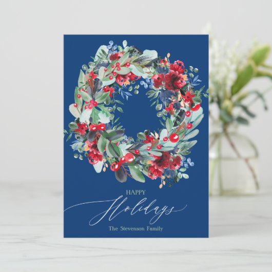 フローラ素朴レッドシックな青のクリスマスリースハッピークリスマスレッド シーズンカード (スタンド正面)