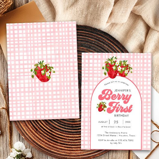フローラ素朴レッドストロベリーファースト誕生日 招待状