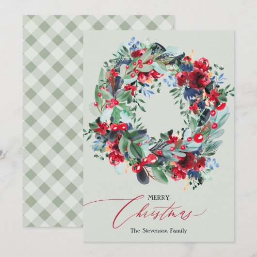 フローラ素朴レッド緑クリスマスリース シーズンカード (正面/裏面)