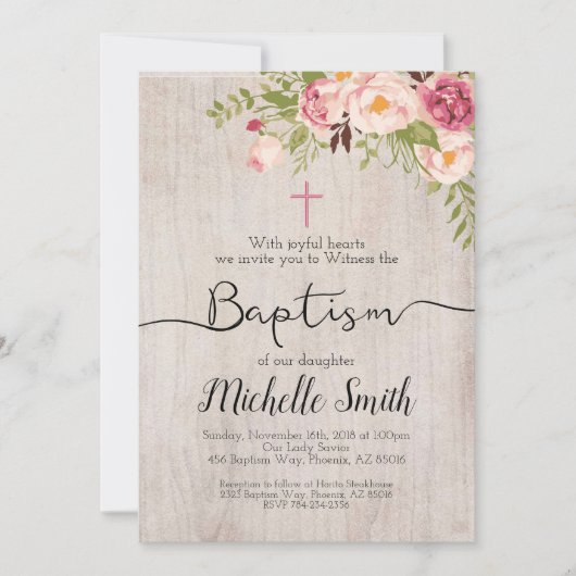 フローラ素朴ヴィンテージカントリースクリプトBohoバプテスマ 招待状 (正面)