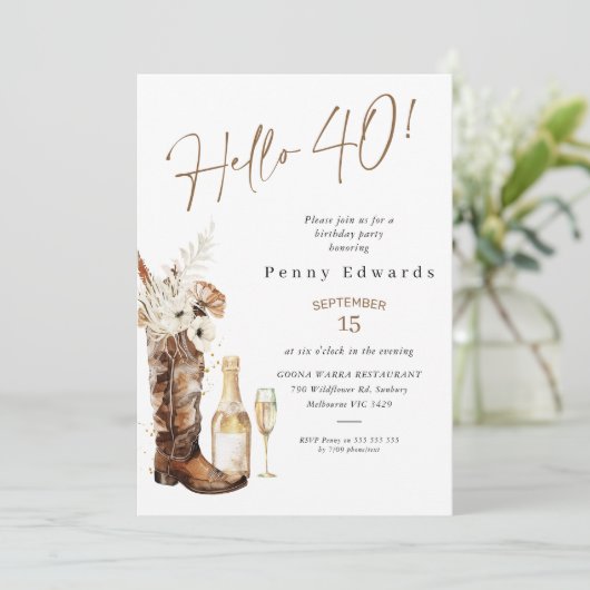 フローラ素朴女性のカーボーイブートシャンパン40th誕生日 招待状 (スタンド正面)