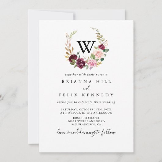 フローラ素朴植物株モノグラム結婚ズ 招待状 (正面)