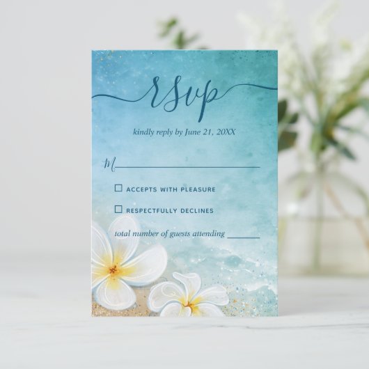 フローラ素朴水色エレガントビーチ結婚式 出欠カード (スタンド正面)