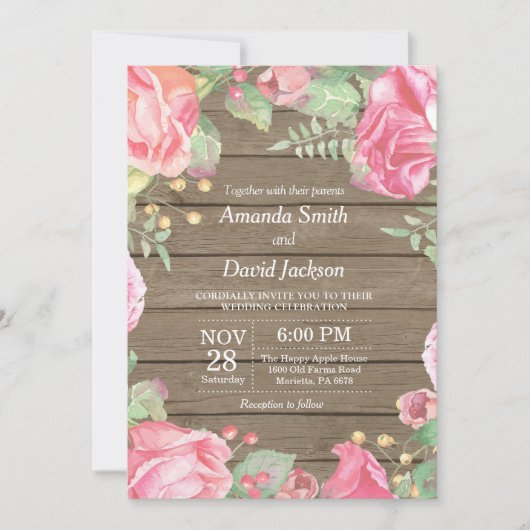 フローラ素朴結婚式招待状ピンク水彩 招待状 (正面)