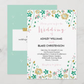 フローラ素朴結婚式招待状ミント金ゴールド 招待状 (正面/裏面)