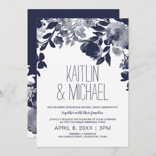 フローラ素朴結婚式招待状(ネイビーブルー) 招待状 (正面/裏面)