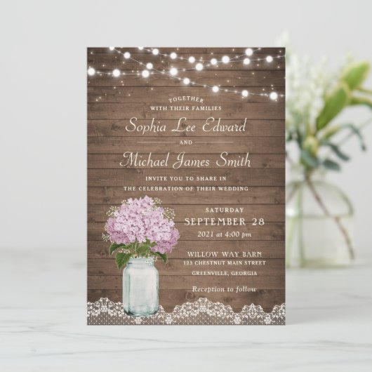 フローラ素朴薄紫あじさいメイソンジャールレースライト 招待状 (スタンド正面)