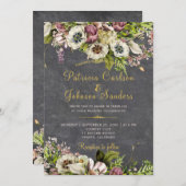 フローラ素朴金ゴールド灰色の黒板秋の結婚式 招待状 (正面/裏面)