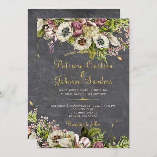 フローラ素朴金ゴールド灰色の黒板秋の結婚式 招待状 (正面/裏面)