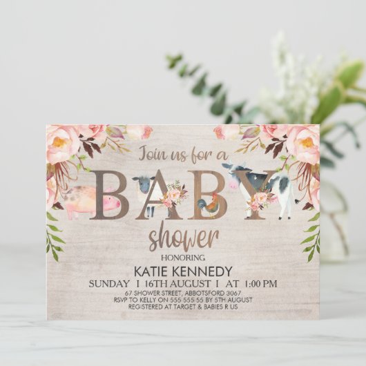 フローラ素朴飼育動物赤ちゃんシャワー招待状 招待状 (スタンド正面)