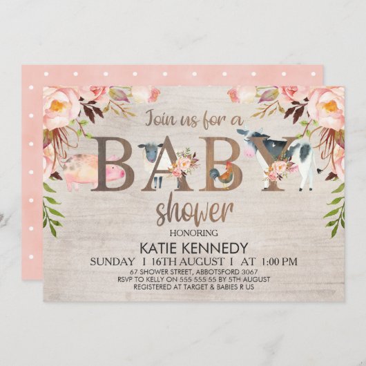 フローラ素朴飼育動物赤ちゃんシャワー招待状 招待状 (正面/裏面)