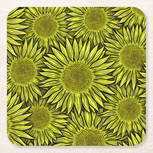 フローラ素朴黄色ひまわり手描き スクエアペーパーコースター (正面)