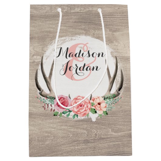 フローラ素朴〔雄ジカの〕枝角ウ結婚ィードパーソナライズされた ミディアムペーパーバッグ (正面)