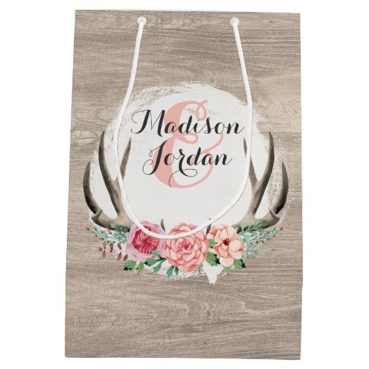 フローラ素朴〔雄ジカの〕枝角ウ結婚ィードパーソナライズされた ミディアムペーパーバッグ (裏面)