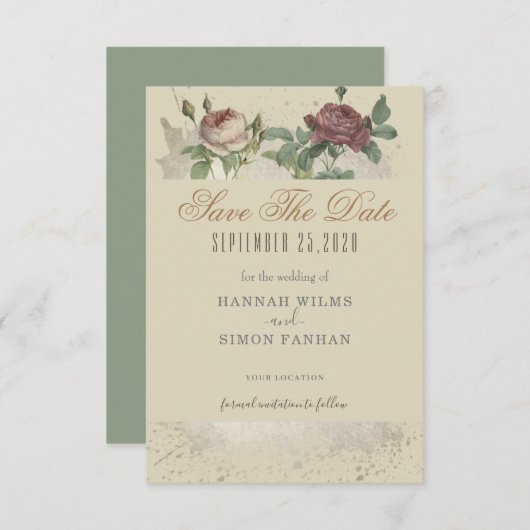 フローラ素朴Burgundy Marsala日付カードを保存 セーブザデート (正面/裏面)