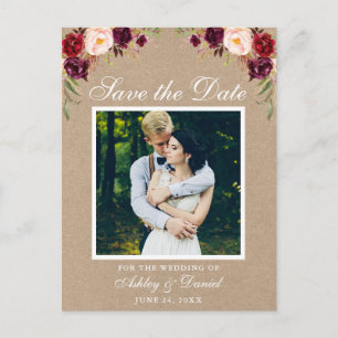 フローラ素朴Burgundy Save the Date Photo Kraft 案内ポストカード