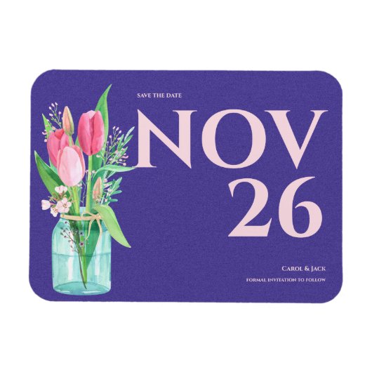 フローラ紫と赤面結婚式の日付を保存 マグネット (横)