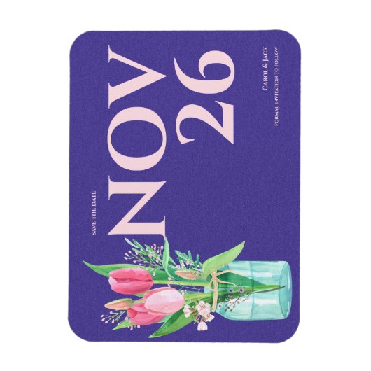 フローラ紫と赤面結婚式の日付を保存 マグネット (縦)