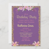 フローラ紫と金ゴールドバースデーパーティ招待状 招待状 (正面)