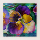 フローラ紫と金ゴールドパンジー青葉緑 ジグソーパズル (横)