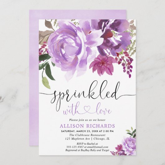 フローラ紫の女の子の赤ちゃんシャワー 招待状 (正面/裏面)