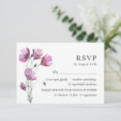 フローラ紫の花束。素朴シンプル結婚式RSVP 出欠カード (スタンド正面)