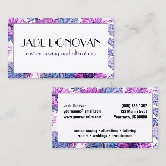 フローラ紫デイジーフェイク花織物 名刺 (正面/裏面)