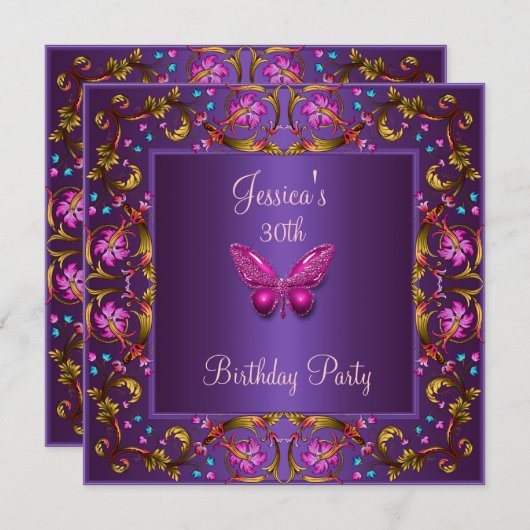 フローラ紫ピンクバタフライ30歳の誕生日パーティー 招待状 (正面/裏面)