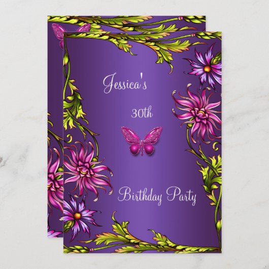 フローラ紫ピンクバタフライ30th誕生日パーティー2 招待状 (正面/裏面)