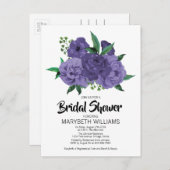 フローラ紫ブライダルシャワーカード インビテーションポストカード (正面/裏面)