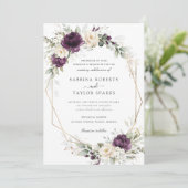 フローラ紫ホワイトプラム緑結婚金ゴールド 招待状 (スタンド正面)