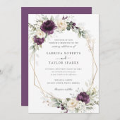フローラ紫ホワイトプラム緑結婚金ゴールド 招待状 (正面/裏面)
