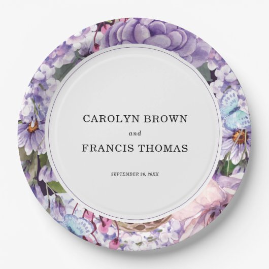 フローラ紫結婚水パーソナライズされた ペーパープレート (正面)