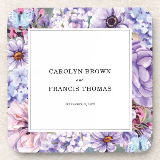 フローラ紫色のパーソナライズされた水結婚色 コースター (正面)