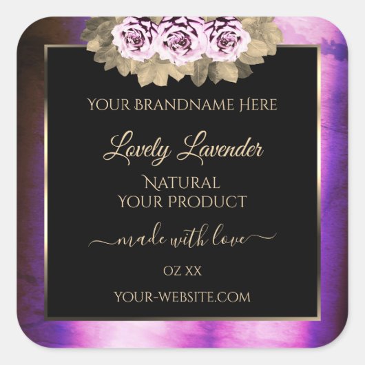 フローラ紫色の大理石フレームブラックプロダクトラベル スクエアシール (正面)