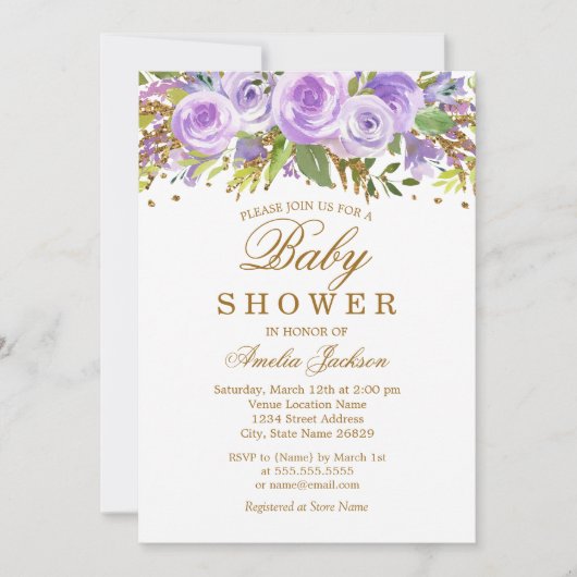 フローラ紫色の水彩金ゴールド赤ちゃんシャワー 招待状 (正面)