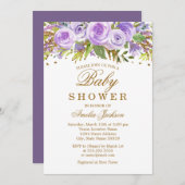 フローラ紫色の水彩金ゴールド赤ちゃんシャワー 招待状 (正面/裏面)