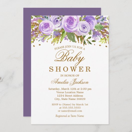 フローラ紫色の水彩金ゴールド赤ちゃんシャワー 招待状 (正面/裏面)