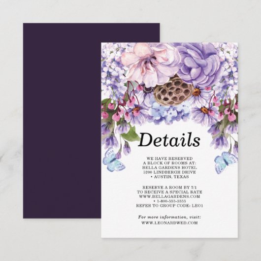 フローラ紫色の水結婚色の詳細 招待状 (正面/裏面)