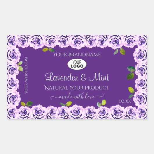 フローラ紫色の製品ラベルブルーミングバラのロゴ 長方形シール (正面)
