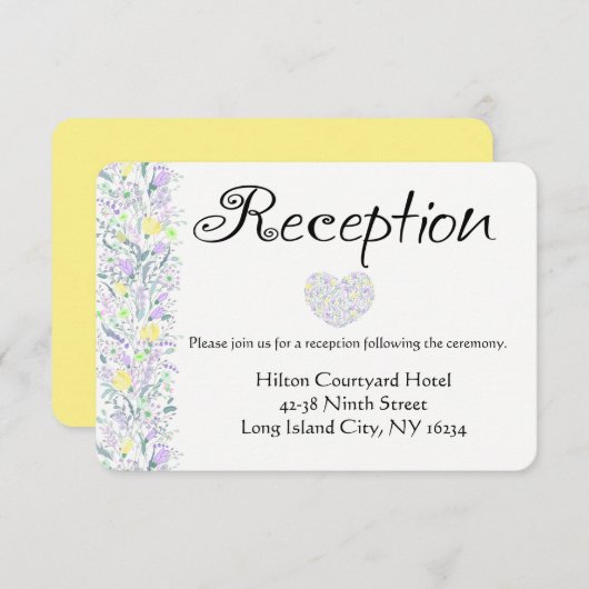 フローラ紫色の黄色の結婚式のレセプションフラワー 招待状 (正面/裏面)